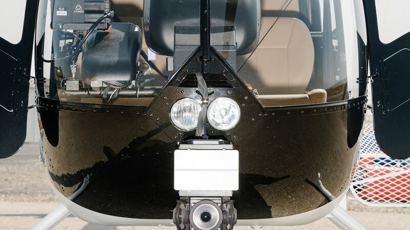 A Robinson R44 helicopter outfitted with 360-degree camera and imaging radar by SkyRyse, a start-up which hopes to make autonomous flight readily available, in Tracy, California. Photograph: Jason Henry/The New York Times