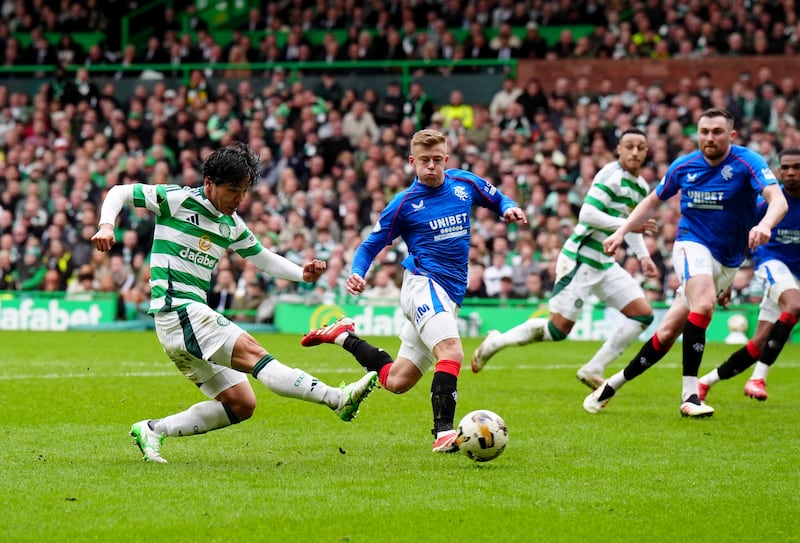 Reo Hatate scores Celtic's second goal during the Old Firm clash against Rangers at Celtic Park. Photograph: Jane Barlow/PA Wire.
