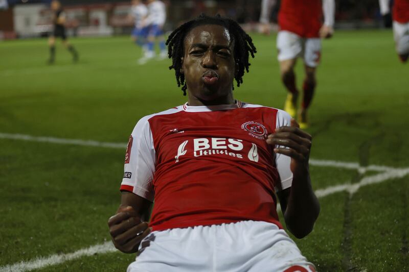 Fleetwood Town's Promise Omochere celebrates scoring the winner. Photograph: Richard Sellers/PA