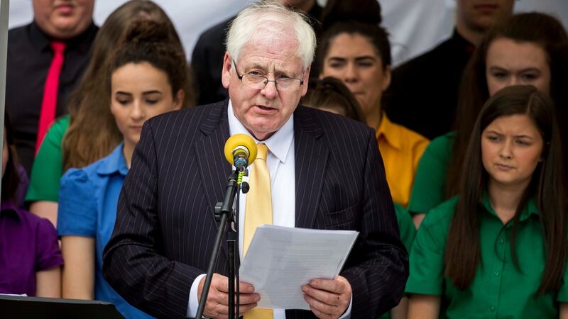 Victims campaigner Michael Gallagher, who lost his son Aiden in the Omagh bombing, speaks at the interdenominational service at the Memorial Gardens. Photograph: Liam McBurney/PA Wire