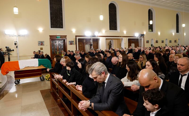 Mourners at the State funeral of former taoiseach John Bruton at Saints Peter's and Paul's Church in Dunboyne, Co Meath. Photograph: Julien Behal/Government Information Service/PA Wire