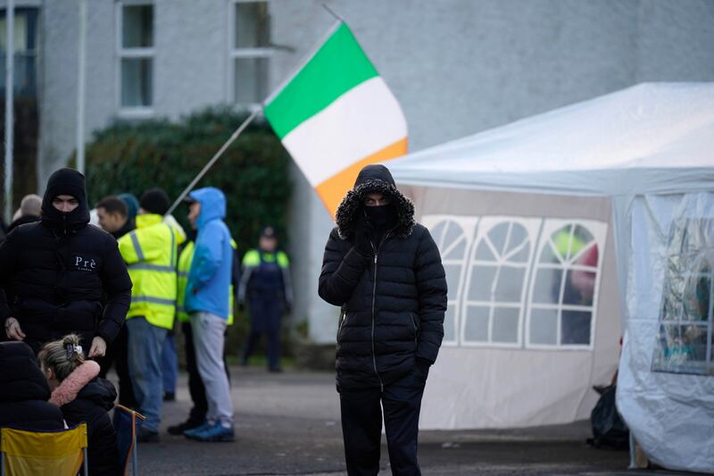 Protesters at the Racket Hall hotel: The experience of some asylum seekers who have lived in Roscrea for almost five years is at odds with the depiction of the town as unwelcoming and hostile. Photograph: Niall Carson/PA Wire