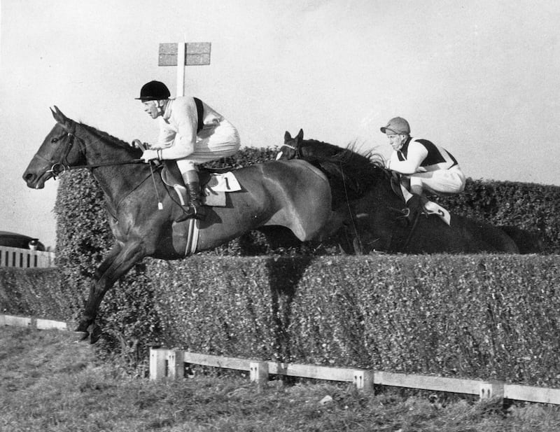 Times past: On November 6th, 1965 Arkle, ridden by Peter Taafe, jumps a fence during the Gallaher Gold Cup which he went on to win. Photograph: Dennis Oulds/Central Press/Getty Images