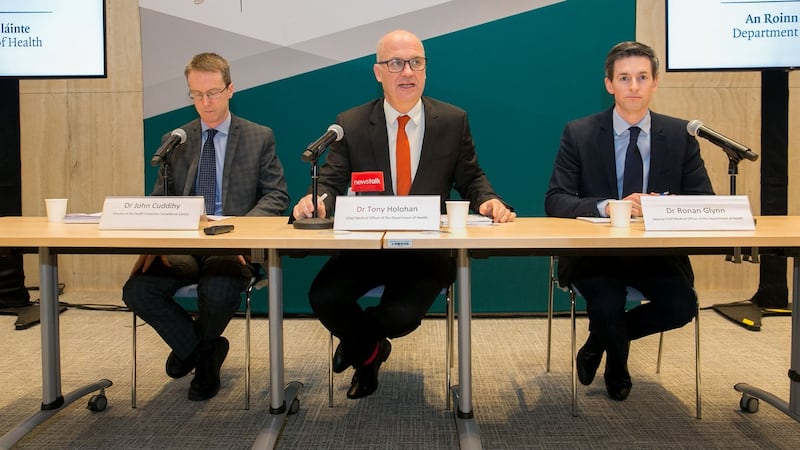 Dr John Cuddihy, Dr Tony Holohan and Dr Ronan Glynn during a media update on the confirmed case of Coronavirus in Ireland. Photograph: Gareth Chaney/Collins