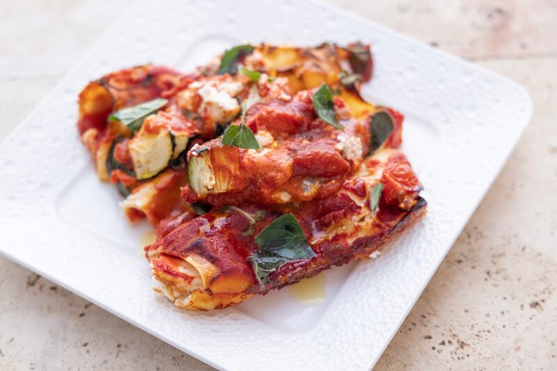 Stuffed pasta shells with spinach, ricotta, pistachio and cherry tomatoes. Photograph: Harry Weir