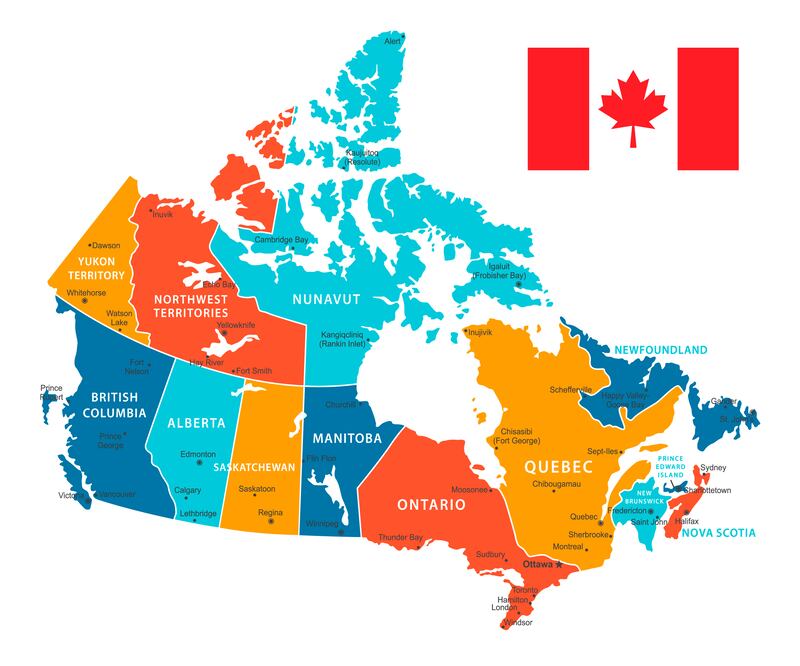 Map of Canada with borders, cities