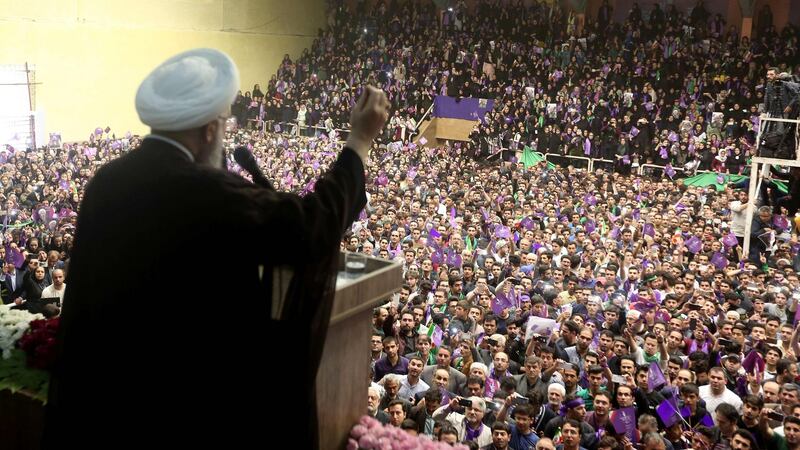 Iranian president and candidate in the upcoming presidential elections Hassan Rouhani during a campaign rally in the northwestern city of Ardabil. Photograph: Getty Images