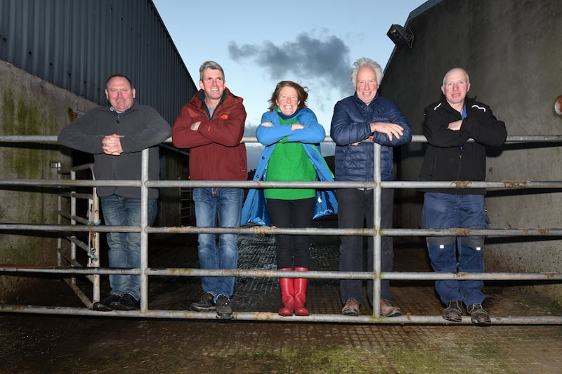 Artist Lisa Fingleton meets members of the West Kerry Dairy Farmers: Dinny Galvin, Michael Dowd, Lisa Fingleton, Colm Murphy, Michael Kelliher. Photograph: Manuela Dei Grandi