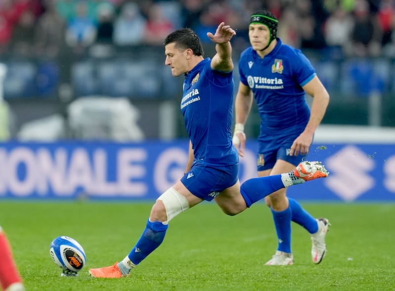 Italy's Tommaso Allan kicks a penalty during the Six Nations victory over Wales at Stadio Olimpico in Rome. Photograph: Matteo Ciambelli/Inpho