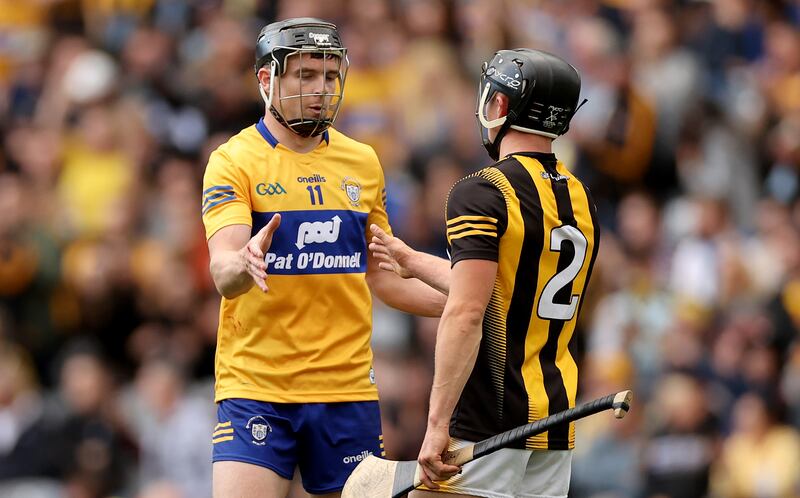 Clare’s Tony Kelly and Mikey Butler of Kilkenny at the end of their All-Ireland senior championship semi-final in Croke Park on July 2nd, 2023. Photograph: James Crombie/Inpho