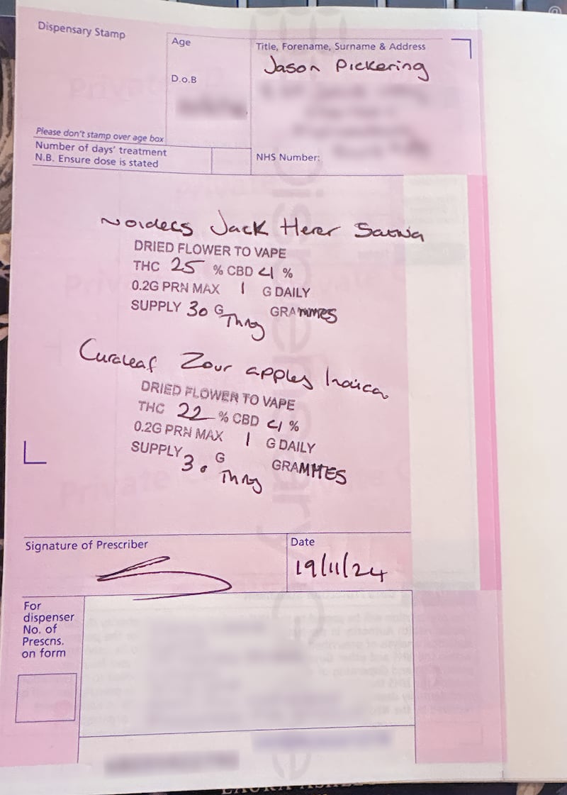 Jason Pickering’s prescription for medicinal cannabis (private details have been obscured). Photograph: Jon Rowley/The Irish Times