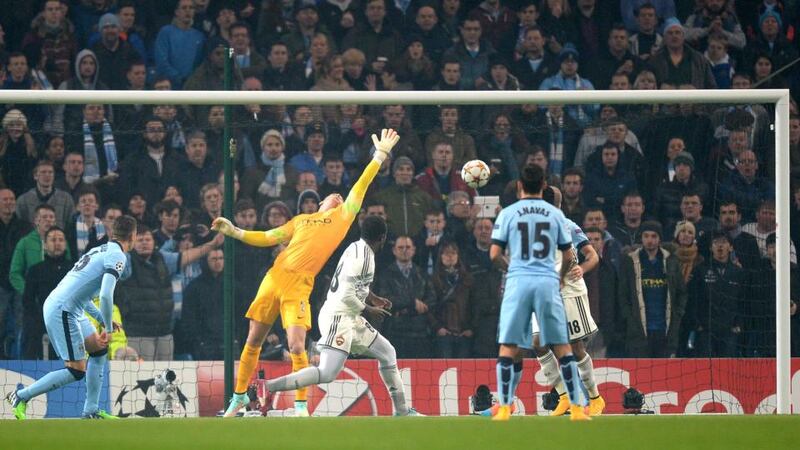 CKSA Moscow’s Seydou Doumbia scores his  first goal of the game past Joe Hart in the Manchester City. Photograph: Martin Rickett/PA Wire