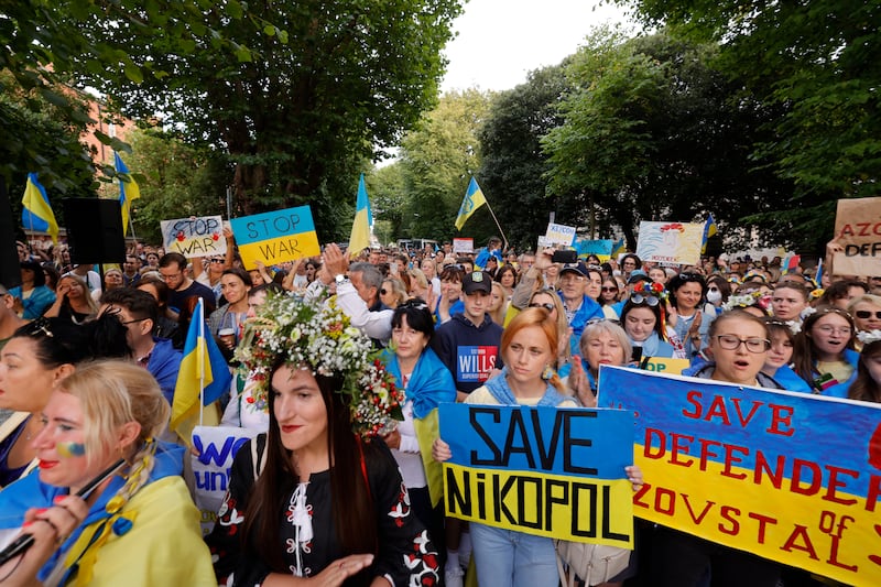 A crowd of about 3,000, most wearing Ukraine’s flag colours of blue and yellow, gathered in Ballsbridge. Photograph: Alan Betson

