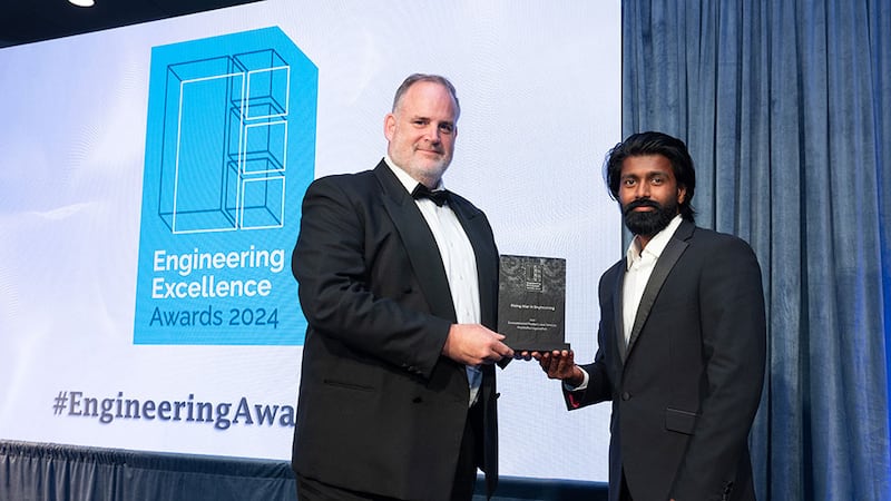 Graham Heaslip, awards judging coordinator, presents the rising star in engineering to Aravindha Loganathan, Environmental Products and Services