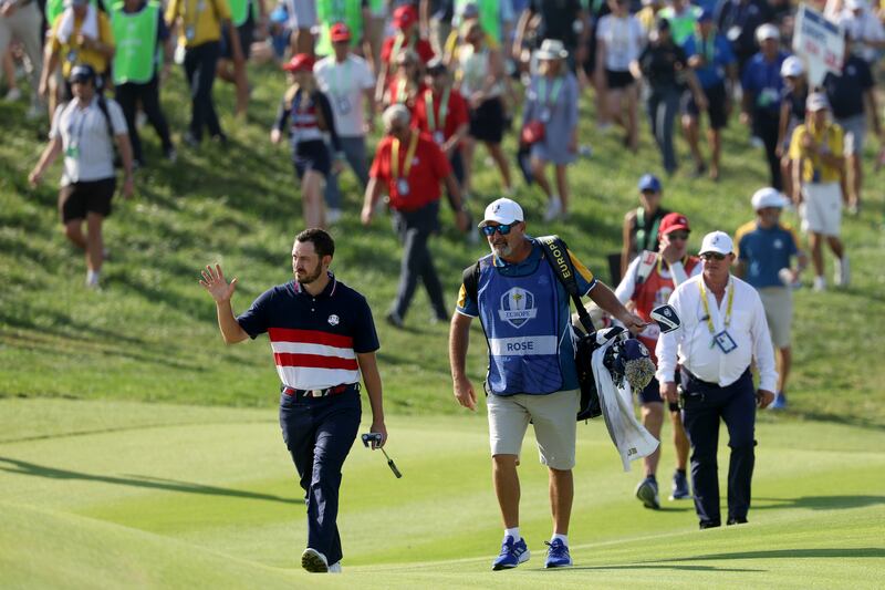 Patrick Cantlay of Team United States acknowledges the crowd at Marco Simone Golf Club. Photograph: Patrick Smith/Getty