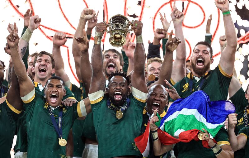 South Africa’s Siya Kolisi lifts the William Webb Ellis Cup after the World Cup Final in Stade de France. Photograph: ©INPHO/Dan Sheridan