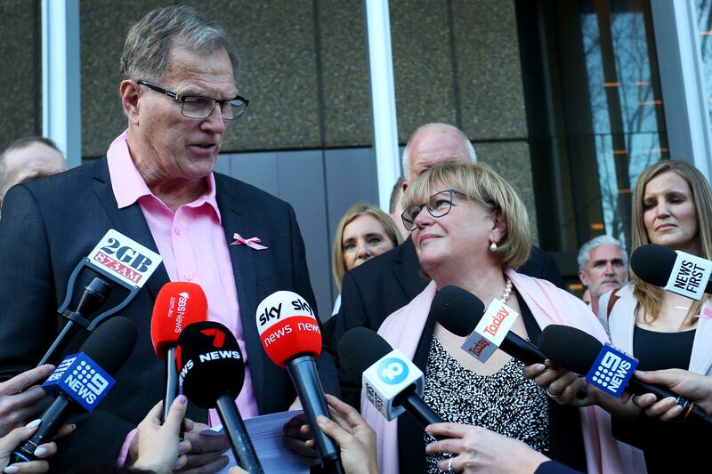 Greg Simms and wife Merilyn speak to the media after Chris Dawson was convicted of the murder of his wife, Lynette - Mr Simms's sister - four decades ago. Photograph: Lisa Maree Williams/Getty Images