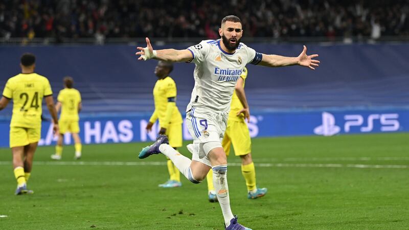 Karim Benzema after scoring Real Madrid’s second goal during last season's Champions League quarter final second leg against Chelsea.