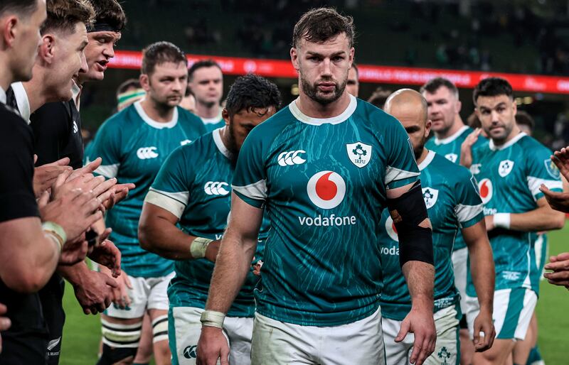 Ireland captain Caelan Doris leads the team off the pitch after the match. Photograph: Dan Sheridan/Inpho