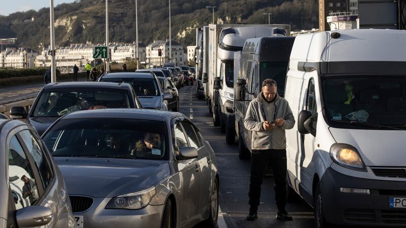 Drivers queue to board a ferry to France on Thursday in Dover. Photograph: Dan Kitwood/Getty