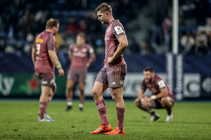 A disappointed Jack Crowley trudges off the field following Munster's loss to Castres. Photograph: Dan Sheridan/Inpho