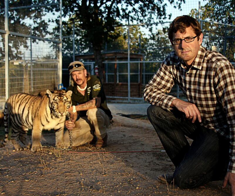 Louis Theroux with Joe Exotic and Sarg, a young tiger at the GW Exotic Animal Park, Oklahoma USA from his 2011 documentary America’s Most Dangerous Pets. Photograph: BBC