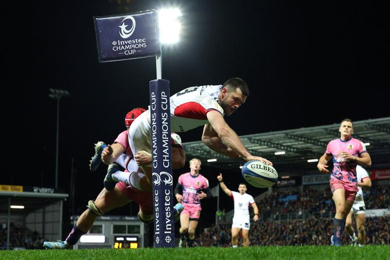 Toulouse’s Blair Kinghorn loses control of the ball as he tries to score a try against Exeter Chiefs at Sandy Park. Photograph: James Crombie/Inpho