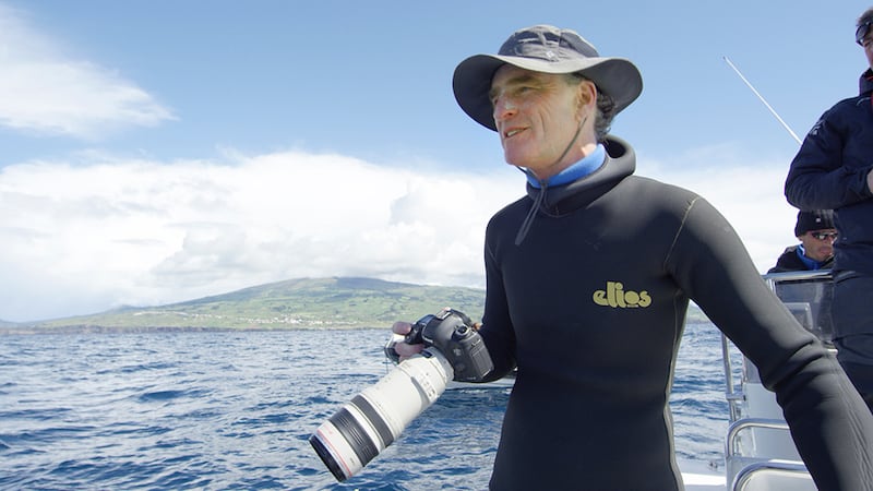 Ken O’Sullivan photographing whales in the Atlantic. Photograph: James Blake/Sea Fever Productions