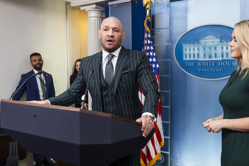 Conor McGregor speaks to the media in the White House press briefing room in Washington, DC. Photograph: EPA