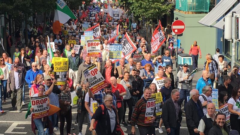 Anti-water charge protestors march in Dublin city centre on Saturday afternoon. Photograph: Dara MacDonaill/The Irish Times