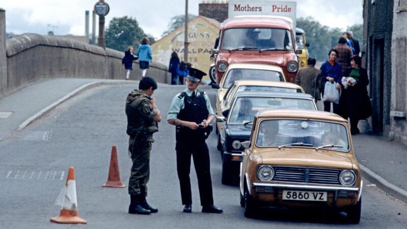 Troubled times: an RUC and British army checkpoint in Strabane, in 1978. It was among the most bombed towns in the North. Photograph: Alain le Garsmeur/Getty