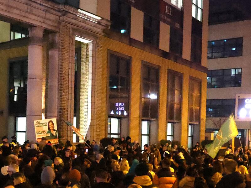 A protest outside a former ESB building housing refugees and asylum seekers, Photograph: Dara Mac Dónaill