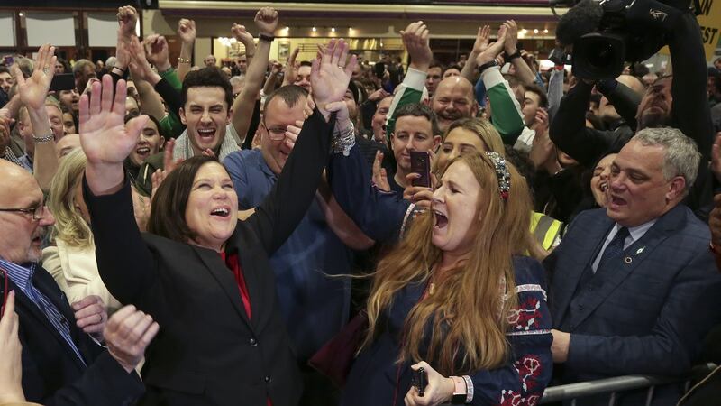 Sinn Féin’s Mary Lou McDonald celebrates after she was elected in the Dublin central constituency. Photograph: Damien Eagers / The Irish Times