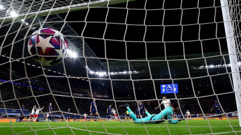 Leipzig’s   Marcel Sabitzer scores against  Tottenham. Photograph: Getty Images