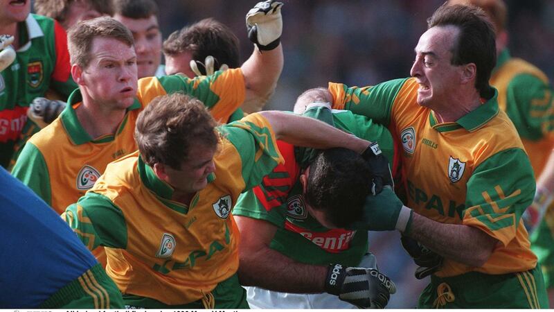 Meath and Mayo players scuffle during the 1996 All-Ireland final replay at Croke Park. Photograph:  Inpho