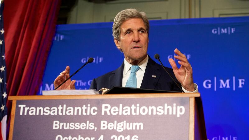 US secretary of state John Kerry: “Together, the Syrian regime and Russia have rejected diplomacy, and seem to have chosen instead to continue their pursuit of a military victory over the broken bodies, bombed-out hospitals and traumatised children of a long-suffering land.” Photograph: Nicolas Maeterlinck/AFP/Getty