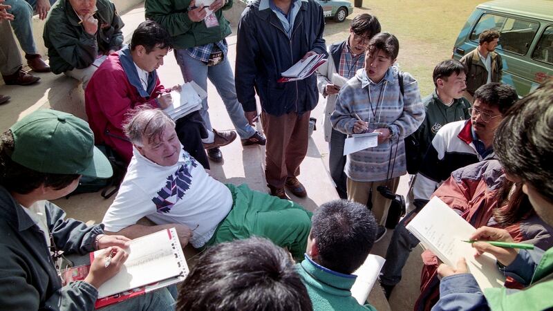 Ireland manager Noel Murphy talks to the press during the 1995 Rugby World Cup in South Africa. Photograph: Billy Stickland/Inpho