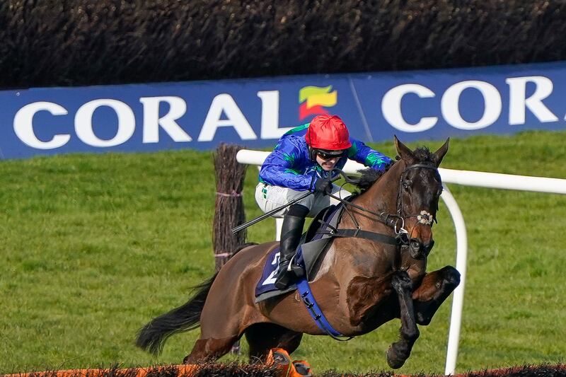 Jonjo O'Neill jnr aboard Monbeg Genius on their way to victory in the NFRC Novices' Hurdle at Chepstow in March, 2022. Photograph: Alan Crowhurst/Getty Images