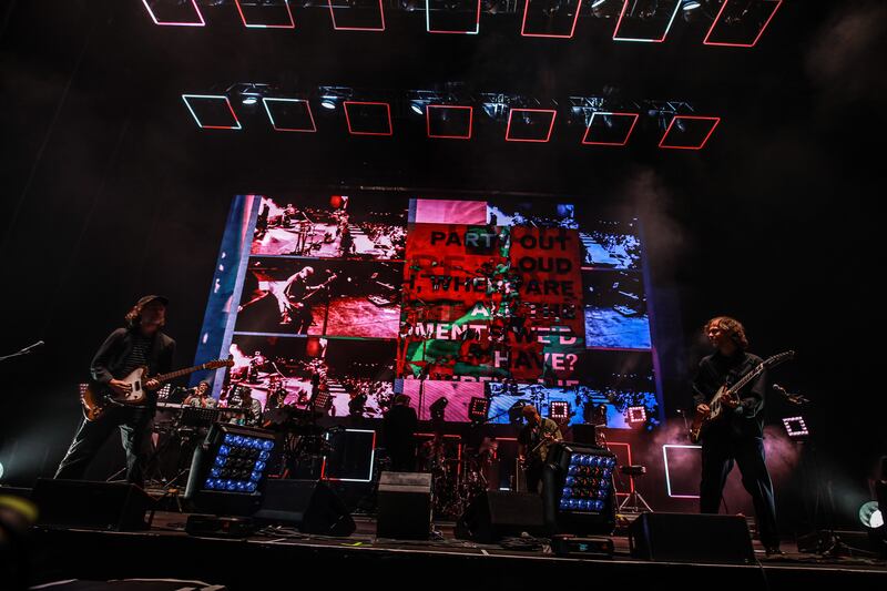 DUBLIN, IRELAND - SEPTEMBER 21: Aaron Dessner, Matt Berninger & Bryce Dessner of The National performs at The 3Arena Dublin on September 21, 2023 in Dublin, Ireland. (Photo by Debbie Hickey/Getty Images)