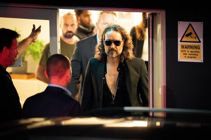 Russell Brand leaves the Troubabour Wembley Park theatre in north-west London after performing a comedy set on Saturday. Photograph: James Manning/PA