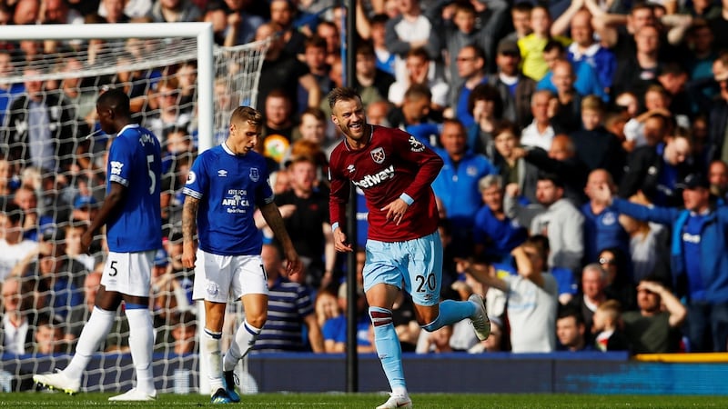 Andriy Yarmolenko celebrates his second in West ham’s 3-1 win over Everton at Goodison Park. Photograph: Jason Cairnduff/Reuters