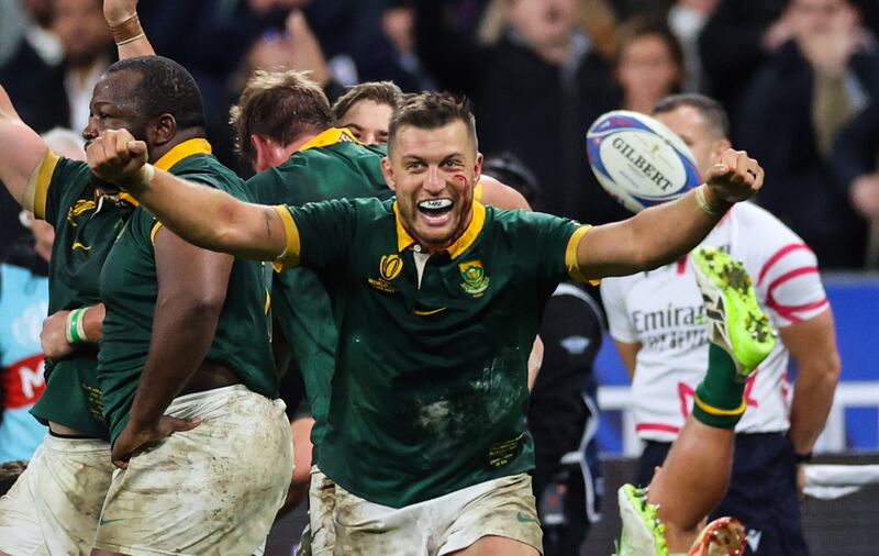 South Africa’s Handre Pollard celebrates after winning the Rugby World Cup final. Photograph: ©INPHO/James Crombie