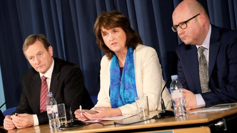 Left to right: Taoiseach Enda Kenny; Tánaiste Joan Burton and Minister of State  Ged Nash at the lauch of the Low Pay Commission. Photograph: Maxwells