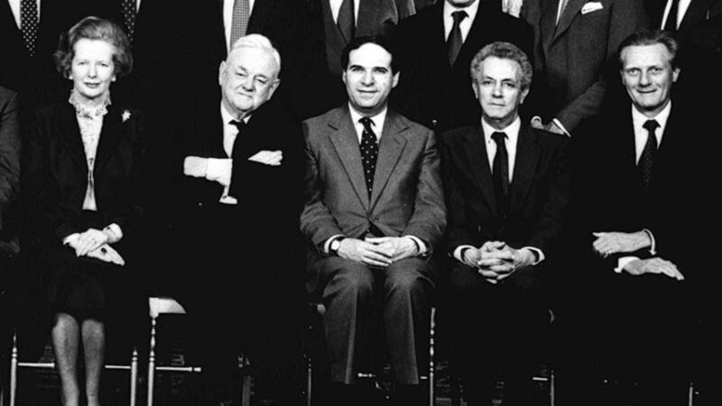 An image from January 1986 of late former British prime minister Margaret Thatcher with some members of her cabinet in Downing Street (left to right): lord chancellor Lord Hailsham, home secretary Leon Brittan, education secretary Sir Keith Joseph and defence secretary Michael Heseltine. Lord Brittan died on Wednesday night after a long battle with cancer. File photograph: PA Wire