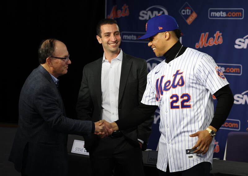 Steve Cohen, owner of the New York Mets with Juan Soto and David Stearns, the president of baseball operations. Photograph: Al Bello/Getty Images 