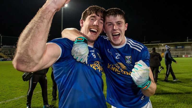 Cavan’s Killian Brady and Jason McLoughlin   celebrate beating Donegal in the Ulster football final. Photograph: Morgan Treacy/Inpho