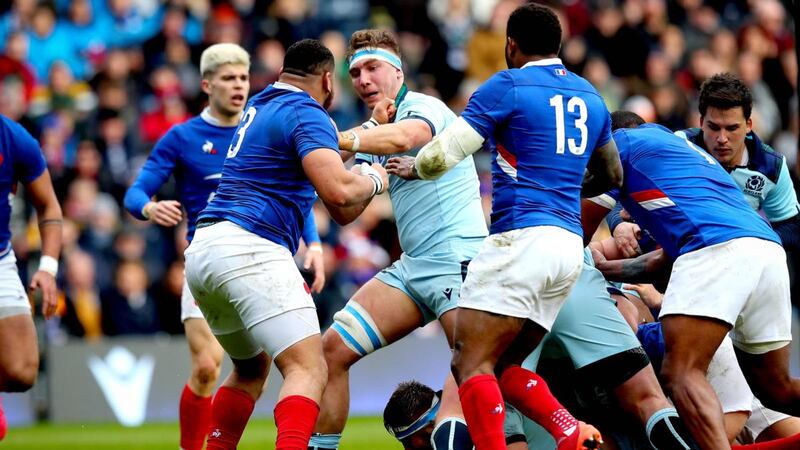 France’s Mohamed Haouas clashes with Jamie Ritchie of Scotland during the Six Nations game at Murrayfield. Photograph: Ryan Byrne/Inpho