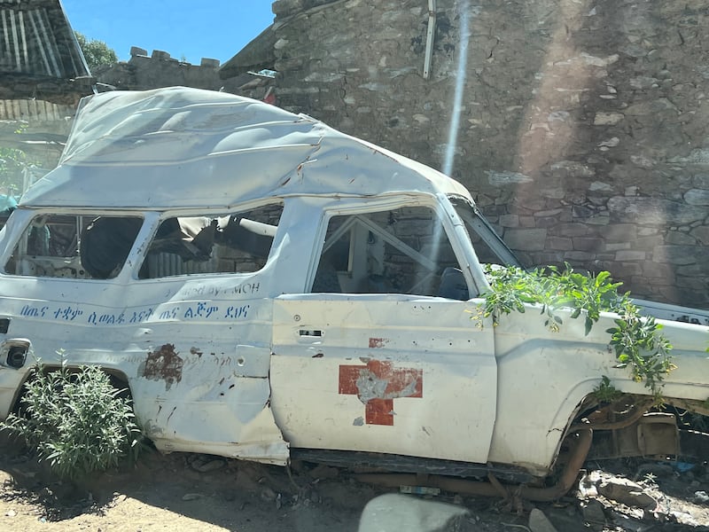 A bombed ambulance outside the joint USAid-Goal facility in Nagesh, Tigray