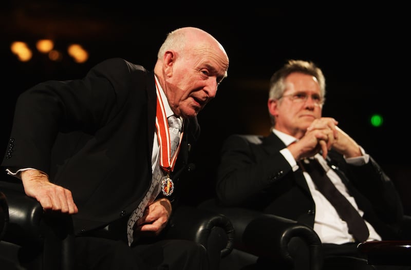 Murray Halberg, who died on Wednesday evening aged 89, alongside another great New Zealand athlete and Olympic champion, John Walker. Photograph; Sandra Mu/Getty Images