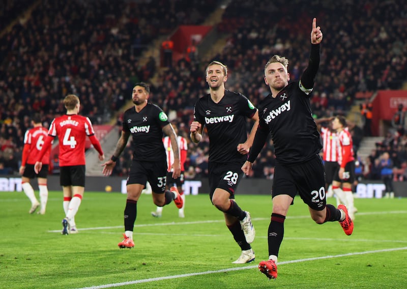 Jarrod Bowen of West Ham United celebrates scoring his team's first goal. Photograph: Alex Pantling/Getty